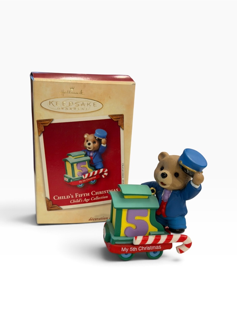 2002 Hallmark Keepsake Child's Fifth Christmas Ornament Bear Train Collectible